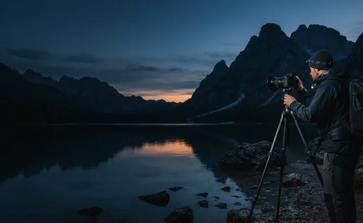 Photographer with a tripod-mounted camera beside a mountain lake at dusk