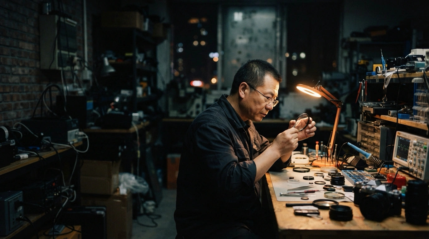 Leo Liang working with photography equipment in the XT Filters workshop