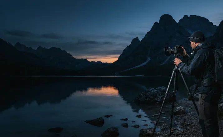 Photographer with a tripod-mounted camera beside a mountain lake at dusk